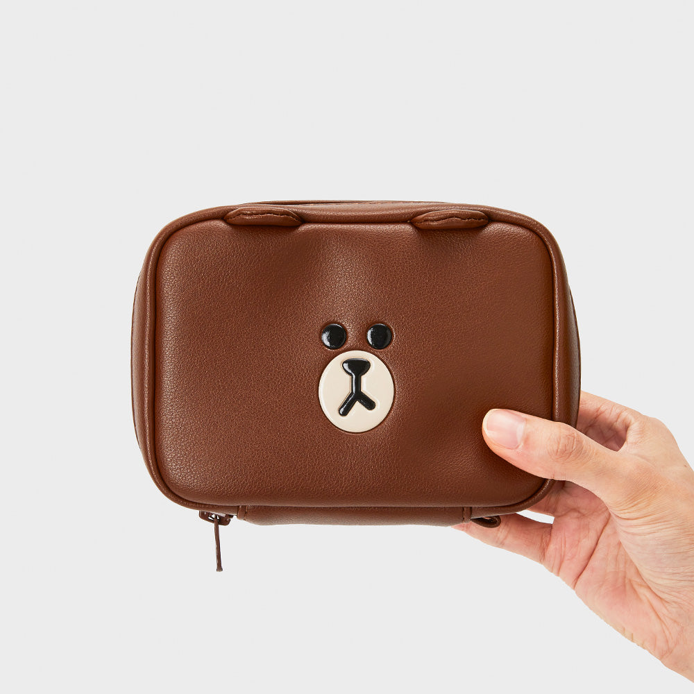 LINE FRIENDS BROWN LEATHERLIKE SQUARE 收納包 M